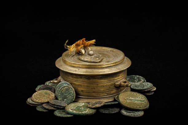 Ancient Coins and Vintage Brass Container