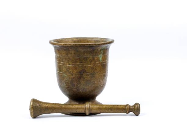 Antique bronze mortar and pestle set on a white background