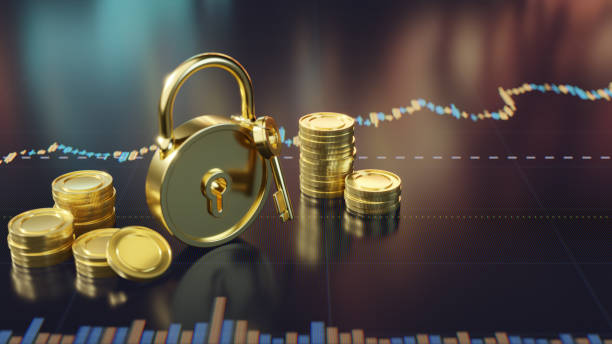 Golden Coins with Lock on Financial Graph Background