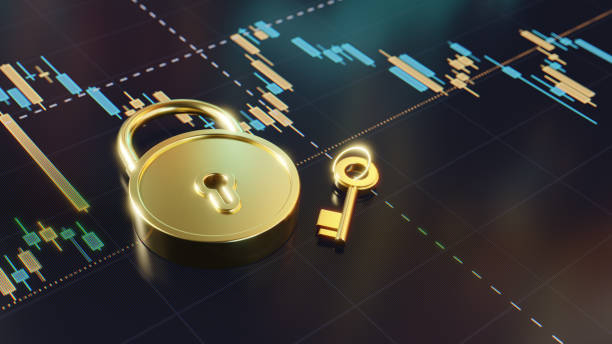 istock Golden Coins with Lock on Financial Graph Background 2197475664