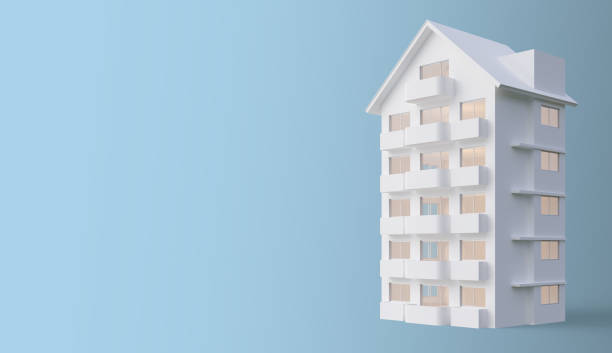istock Simple style white apartment building isolated on blue background with clipping path 3d render 2197477501