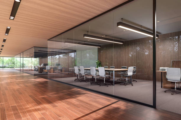Modern contemporary office corridor with transparent meeting room 3d render