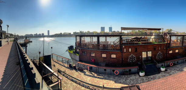 Tourist bridge on Danube riverbank in Belgrade