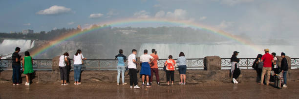 Niagara Falls, Canada, 31 July 2023: Tourists gather along the railing, enjoying the breathtaking view of the rainbow spanning Niagara Falls.
