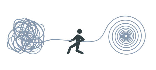 istock Stickman figure unraveling tangled tangle of problem pictogram. Clipart image isolated on white background 2197484713