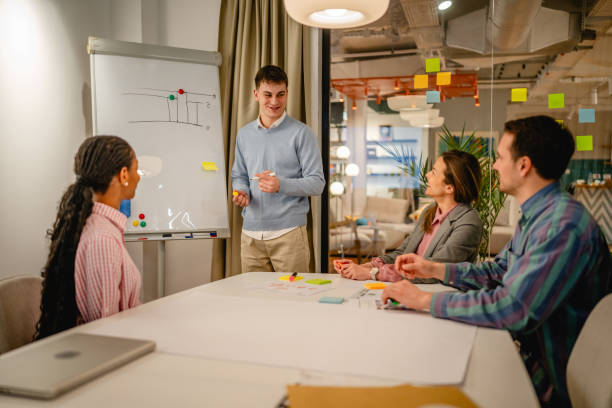 istock Caucasian businessman explain his strategy on white board 2197491508
