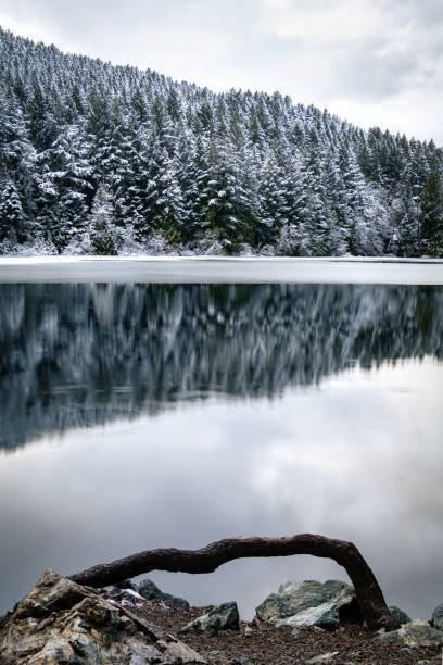 Snowy winter day at Durrance Lake, located on southern Vancouver Island.