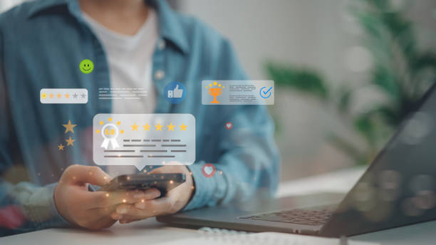 istock Online customer satisfaction Survey service concept, client rate service from experience in application, Consumer give five-Stars and feedback review for quality, Business ranking from buyer. 2197500781