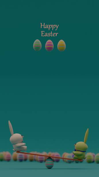 Two Easter Bunnies with Hovering Eggs and Border of Multicolored Eggs