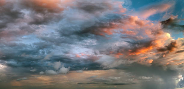 istock Evening sunset sky with colorful clouds. Panoramic skyscape 2197522379