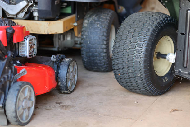 istock A tire on a lawnmower inside of a shed 2197524277