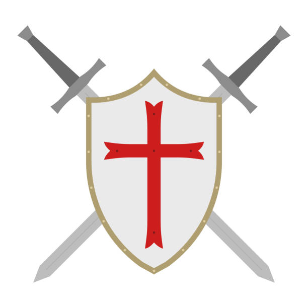 istock Medieval White Shield with Red Cross and Crossed Swords, Symbolizing Protection, Strength, and War. Flat Vector Illustration for Knight, Security, Fantasy, and Gothic Style. Perfect for Emblem or Badge. 2197529238