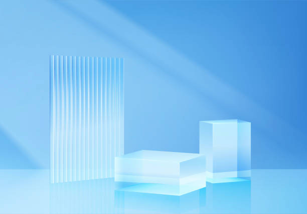 istock 3d background products display podium scene with geometric platform. stand to show cosmetic products. Stage glass showcase on pedestal display blue studio. 3d glass podium vector render illustration 2197535059