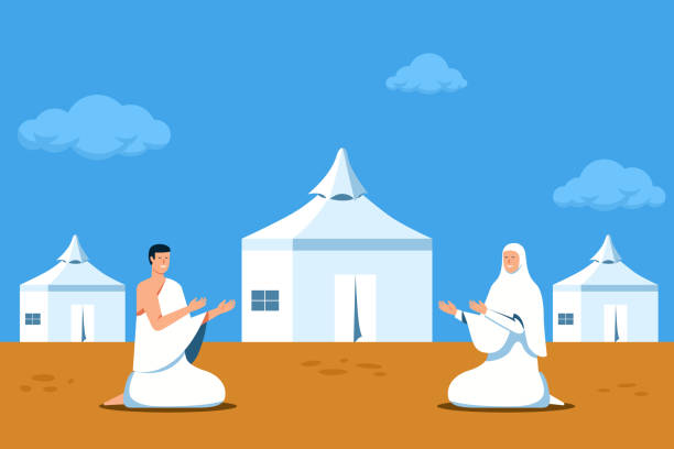 Praying Pilgrimage While Camp For Night vector art illustration