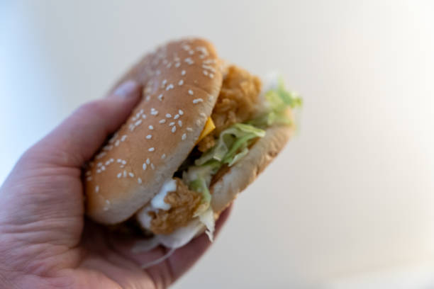 istock Delicious hand-held chicken sandwich with fresh toppings ready to enjoy 2197541474