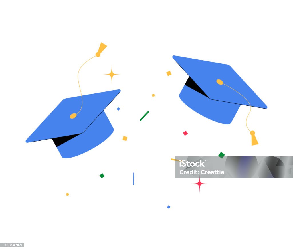 Flying Graduation Caps In Flat Vector Illustration Symbolizing Success ...