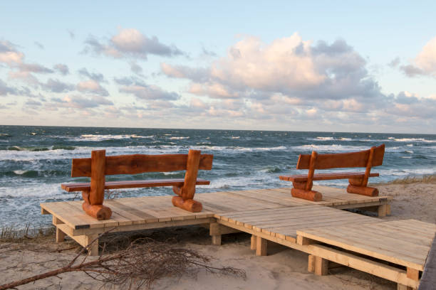 Two benches overlooking the Baltic Sea. Kaliningrad, Russia