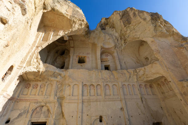 Ancient cave churches carved into soft volcanic rock in Cappadocia, turkey