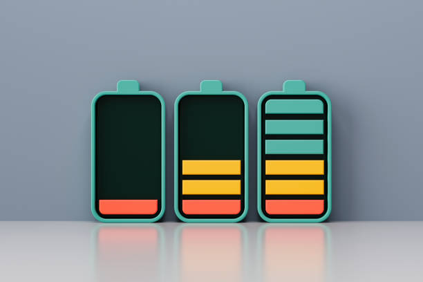 A digitally generated image featuring batteries with varying charge levels symbolizing energy efficiency, green technology and sustainability. This design represents the importance of renewable energy, power conservation and eco-friendly innovation, making it ideal for environmental and technological themes.