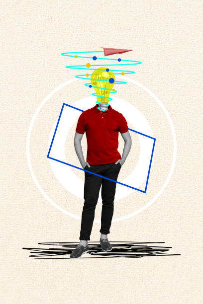istock Vertical photo collage standing young headless man lightbulb instead face smart plan idea find solution eureka flying spiral paper plane 2197562925