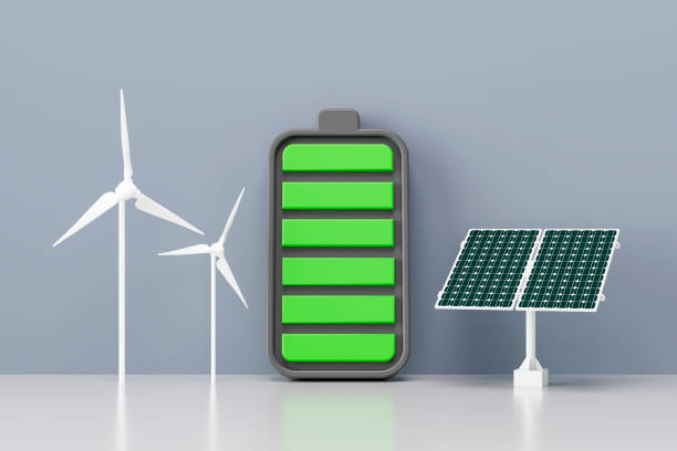 istock Battery with Wind Turbine and Solar Panel, Green Technology and Sustainability Concept 2197563262