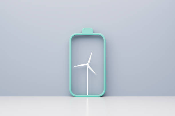 A digitally generated image featuring battery placed with a wind turbine, symbolizing renewable energy, green technology and sustainability. This design represents the importance of clean energy, eco-friendly power solutions and sustainable innovation, making it ideal for environmental and technological themes.