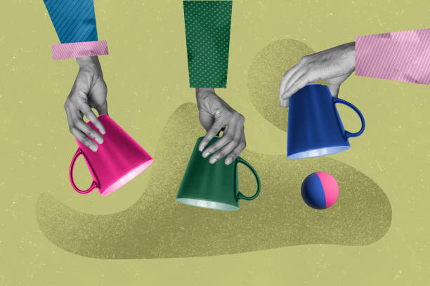 istock Collage image sketch of people play game plastic magic tricks ball appearing disappearing cup isolated on creative background 2197563546