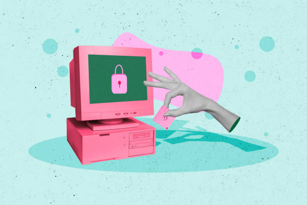 istock Artwork collage of black white effect arm fingers hold mini retro floppy disk mini computer display security lock isolated on turquoise background 2197563584