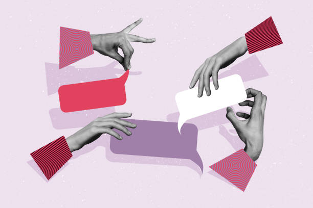 istock Composite photo collage of people hand hold text box bubble phrase communication audience speech talk isolated on painted background 2197563638
