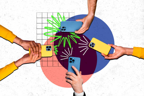 Composite photo collage of crowd hands hold iphone camera shoot transfer share bluetooth technology internet  isolated on painted background