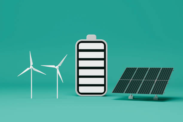 istock Battery with Wind Turbine and Solar Panel, Green Technology and Sustainability Concept 2197563734