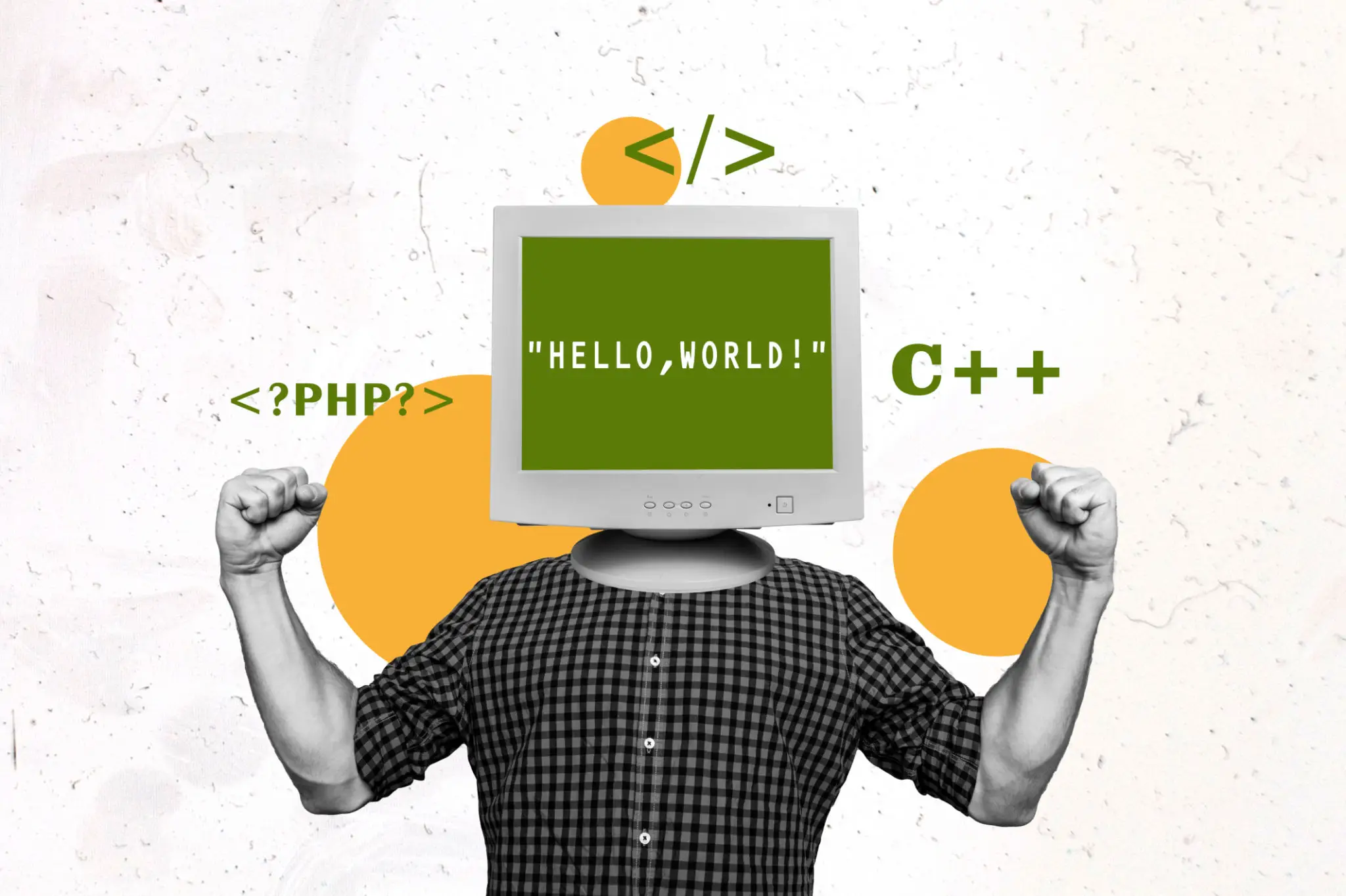 Trend artwork sketch photo collage of young programmer man hacker coding program remote work php language monitor head say hello world