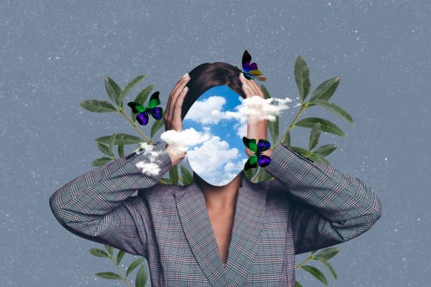 istock Creative picture collage shocked impressed woman stupor panic no face clouds sky environment flora green blossom drawing background 2197564383