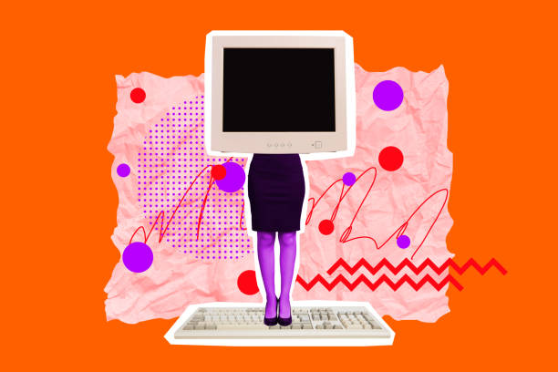 istock Creative collage image picture young headless woman body element fragment legs formalwear pc monitor screen employee office worker 2197564534