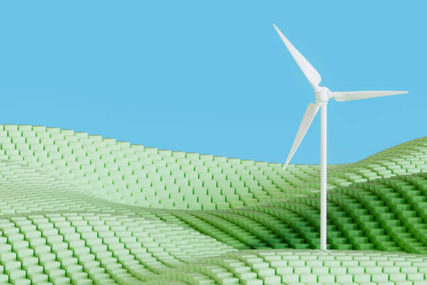 A digitally generated image featuring a wind turbine standing among cube-shaped blocks resembling grass, symbolizing renewable energy, eco-friendly innovation and sustainability. This creative design highlights the fusion of technology and nature, making it ideal for environmental, green energy and futuristic themes.