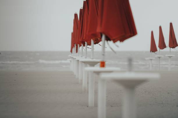 A row of closed red beach umbrellas on a deserted sandy shore, creating a serene and minimalist coastal scene.