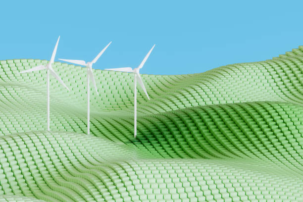 A digitally generated image featuring a wind turbine standing among cube-shaped blocks resembling grass, symbolizing renewable energy, eco-friendly innovation and sustainability. This creative design highlights the fusion of technology and nature, making it ideal for environmental, green energy and futuristic themes.