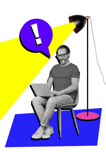 istock Vertical composite collage picture of black white effect man sit chair use laptop mind bubble exclamation mark isolated on creative background 2197567302
