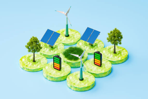 istock Battery with Wind Turbine, Solar Panel, Tree and Grass, Green Technology and Sustainability Concept 2197567513