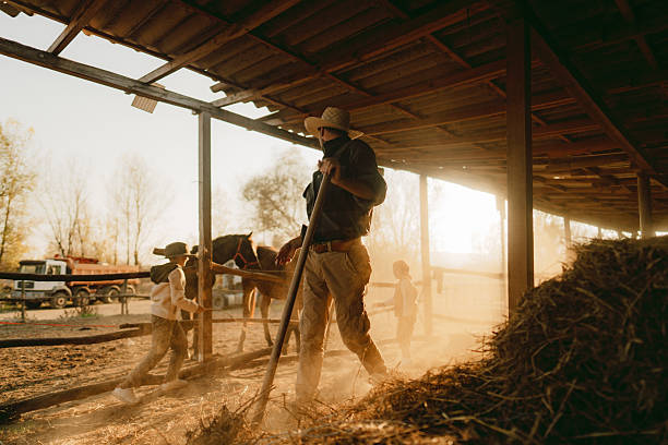 Photo of a little boys helping his dad and sharing some precious moments with him at their horse ranch