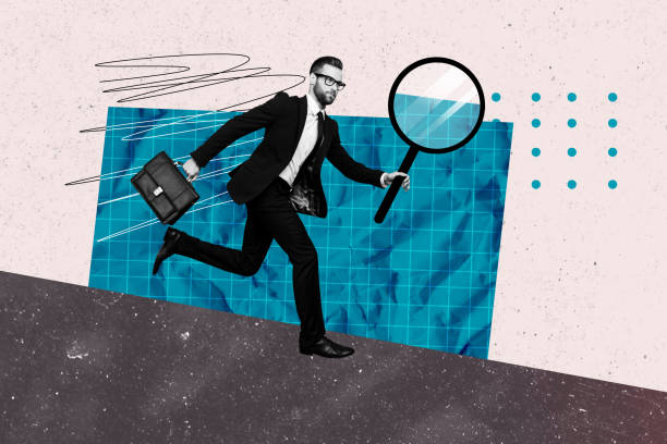 istock Composite photo collage trend image of black white silhouette young office manager guy run hold in hand loupe find project decision 2197568490