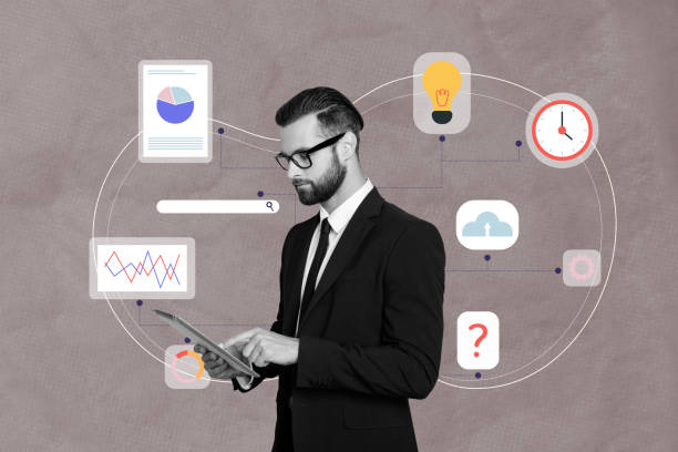 Creative photo collage standing young businessman suit browsing tablet multitasking plan strategy statistics web search bar