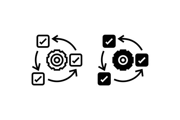 illustrations, cliparts, dessins animés et icônes de flux de travail de processus avec vecteur d’engrenages et de coches - automatisé