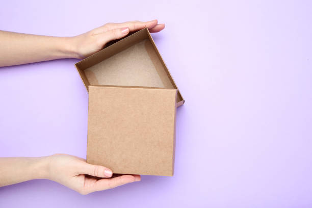 istock Female hands opening brown gift box on purple background 2197569233