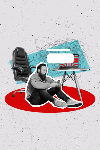 istock Vertical photo collage of serious guy sit floor hold iphone type message chair table laptop notification isolated on painted background 2197569767