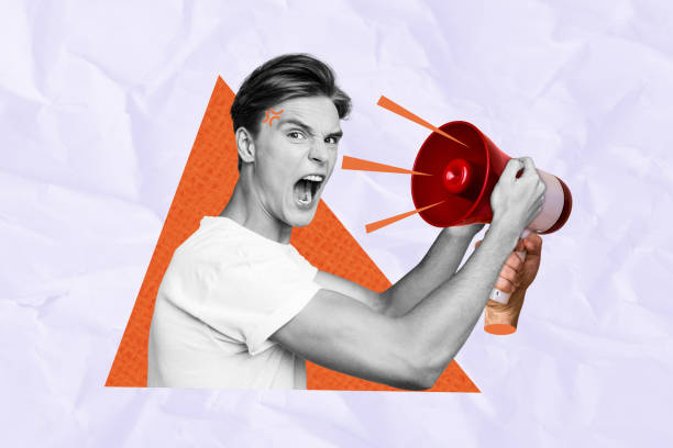 istock Composite trend artwork image collage of black white silhouette young angry guy suffer from headache hold in hand huge noise loudspeaker 2197570396
