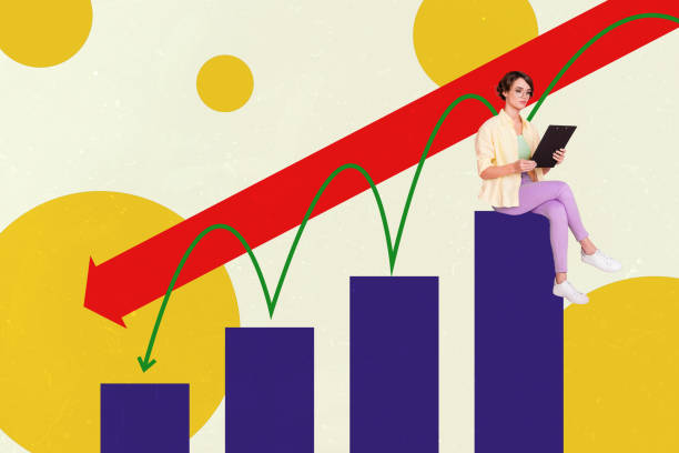 istock Composite artwork 3D collage of young attractive lady success sit on higher stats platform first place graphics arrows fall down loss 2197570539