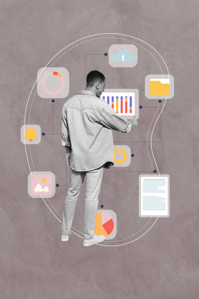 Vertical creative picture young standing man entrepreneur notification icons infographics folder multitasking drawing background