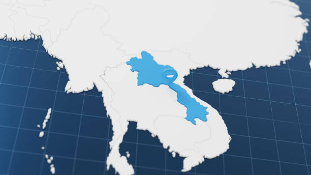 istock Blue Laos 3d map with pointer pin surrounded with other countries in white. Political map with borders. 3d render illustration 2197571302