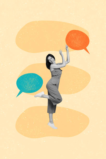istock Creative vertical picture collage young cheerful girl textboxes bubbles conversation share opinion comment discussion drawing background 2197572423